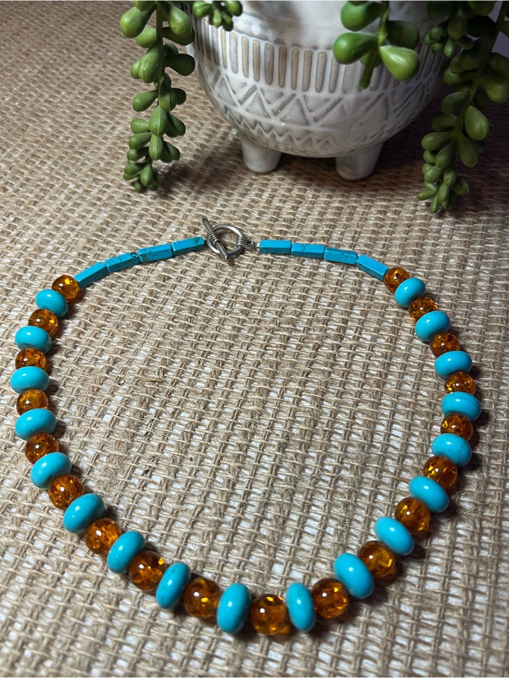 Turquoise & Amber colored beaded handmade Necklace - NWOT